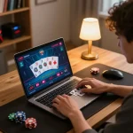 Player immersed in online blackjack on king33, showcasing responsible gaming atmosphere with engaging setup.