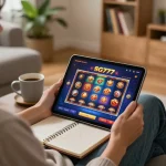 Person engaging with SG777 online casino on a tablet in a cozy living room setting