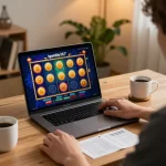 Igamble247 Slot gameplay displayed on a laptop in a cozy home setting, highlighting strategic betting action.