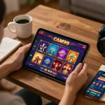 Casino MM99 user strategizing on tablet screen, cozy home gaming setup with notebook and coffee.