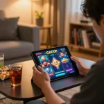 Player enjoying a gacor slot game on tablet at home, surrounded by snacks and warm lighting.