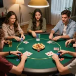 Engaging group of friends enjoying a poker night at home showcasing F8BET gaming excitement.