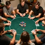 Engaging home poker game scene featuring intense players enjoying nk88 gameplay and strategy.