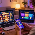 Engaged player exploring free credit Mega888 promotions on their smartphone in a cozy casino-like setting.