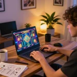 Enjoying immersive gameplay on tr88's online slots while sipping coffee in a cozy home setup.