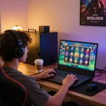 Player enjoying cm888 slot game on laptop in a stylish home gaming setup