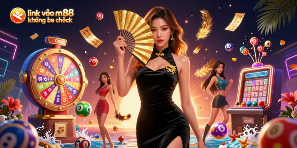 Trải nghiệm truy cập mượt mà với link vào m88 không bị chặn, với hình ảnh một người phụ nữ châu Á quyến rũ và các yếu tố xổ số đầy màu sắc.