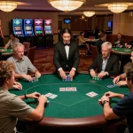 Players strategizing their bets at a 123b casino poker table in an upscale environment