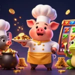 Winning at rejekibet with a chef pig serving gold coins in a vibrant casino scene