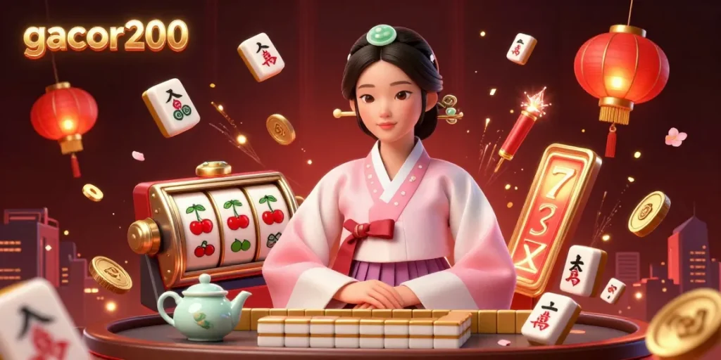 Experience the excitement of gacor200 with elegant casino elements, including slot reels and mahjong tiles.