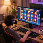 Engaging in a mega slot game on a computer screen with vibrant graphics and cozy gaming setup.