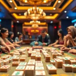 Mahongtoto menampilkan suasana kasino yang hidup dengan permainan mahjong dan pemain yang bersemangat.