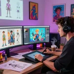 Creative professional developing nsfw ai characters in a vibrant digital art studio.