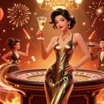Experience the hitclub link in a vibrant casino scene featuring elegant characters and dynamic gold effects.