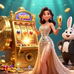 Experience the excitement at gg88 with vibrant slot machines and festive characters in a dynamic casino scene.
