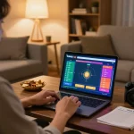 Engaging in togel sgp online gaming with colorful interface in a cozy home setting