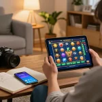 Engage in thrilling gameplay with IDCASH88 on a tablet while enjoying a cozy home setting.