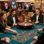 Experience strategic gameplay at kuwin's roulette table with eager players and elegant atmosphere.