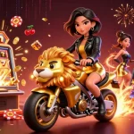 Experience thrilling jackpots at llwin with a glamorous woman riding a golden lion amidst vibrant casino elements.
