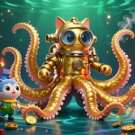 Toto gaming experience featuring a colossal kraken, vibrant arcade elements, and a deep-sea diving cat in a casino-themed world.