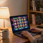 Player engaging in online slots at home using snk88, showcasing vibrant game graphics and a cozy setup.