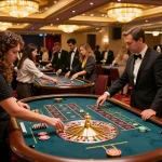 Players engaging in bets at the luxurious casino floor of fly88 com, capturing the thrill of roulette.