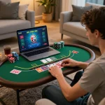 Player engaging in a strategic online blackjack game on g28 com with chips and cards visible.