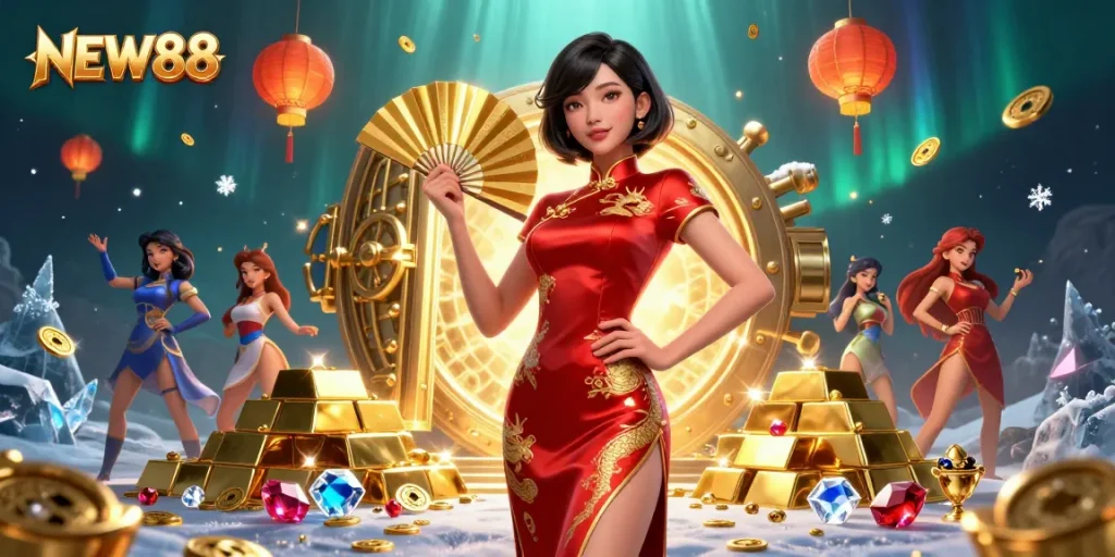 Experience the thrill of NEW88 with captivating casino elements and vibrant 3D visuals.