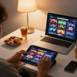 Player enjoying NEGO77 online slots in a cozy home environment, tablet displaying vibrant gaming action.