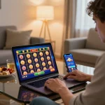 Player enjoying situs gacor slots on a laptop in a cozy home setting with vibrant lighting.