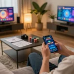 Player engaging with the UGDEWA casino app on a smartphone in a cozy living room setting