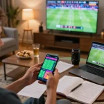 Player engaging with 789win app for live sports betting during an exciting football match at home