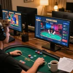 IDNSCORE player enjoying poker at a modern home office with strategic gameplay focus