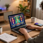 A person engaged in situs slot gameplay on a laptop in a modern home office, conveying strategic gambling.
