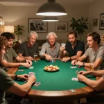 Engaged players enjoying ดูหนังออนไลน์ฟรี and competitive poker night in a cozy home setting
