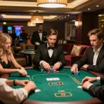 mm88 players enjoying a lively poker game surrounded by vibrant casino atmosphere