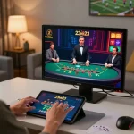Player engaging in online blackjack on 23vn23 platform with tablet in cozy home setup.