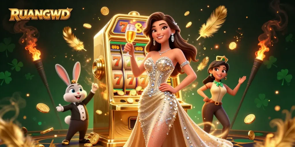 Experience high-spirited gaming with RUANGWD's jackpot scene, showcasing excitement around slot machines.