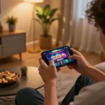 Engaging with mobile gambling on U888 com smartphone app in a cozy living room.