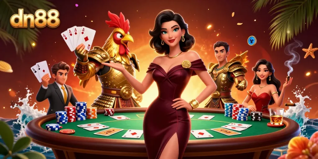 Engage with vibrant dn88 casino action featuring glamorous characters in a dynamic poker scene.
