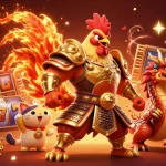 Engage with the thrilling world of ดูหนัง4k featuring a rooster warrior and dragon hatchling amidst joyful casino elements.