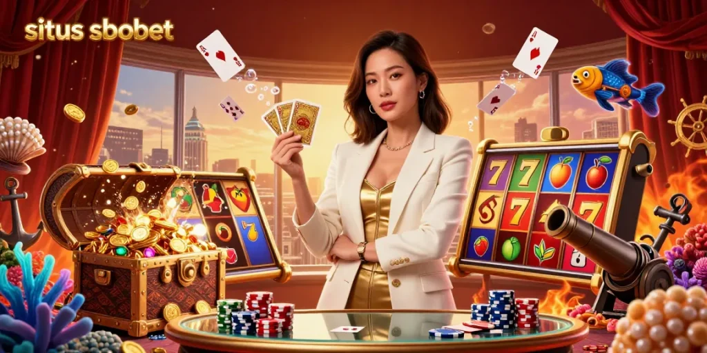 Situs sbobet showcases an elegant Asian woman holding cards amidst vibrant gaming elements, symbolizing excitement in gambling.