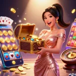 Experience excitement at the online casino with golden treasures and spinning slots in this vibrant illustration.