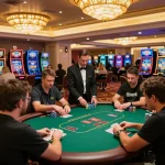 Intense poker players strategizing their moves on M111 tables amid vibrant casino atmosphere.