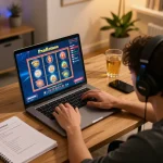 Engaging with Pragmatic Demo slots during an online gaming session at home with warm lighting.