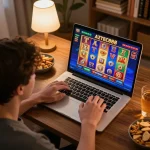 Player enjoying engaging slot games on the AZTEC888 platform on a laptop, showcasing a cozy gaming environment.
