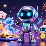Spin vibrant toto slot games featuring a cyberpunk robot mascot, AI dragon, and bitcoin drone.