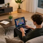 Person engaging in online casinos not on gamstop, playing slots on a laptop with strategic betting notes.