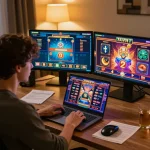 Engaging player immerses in LGOLUX online slots gaming experience with focused strategy and modern setup.
