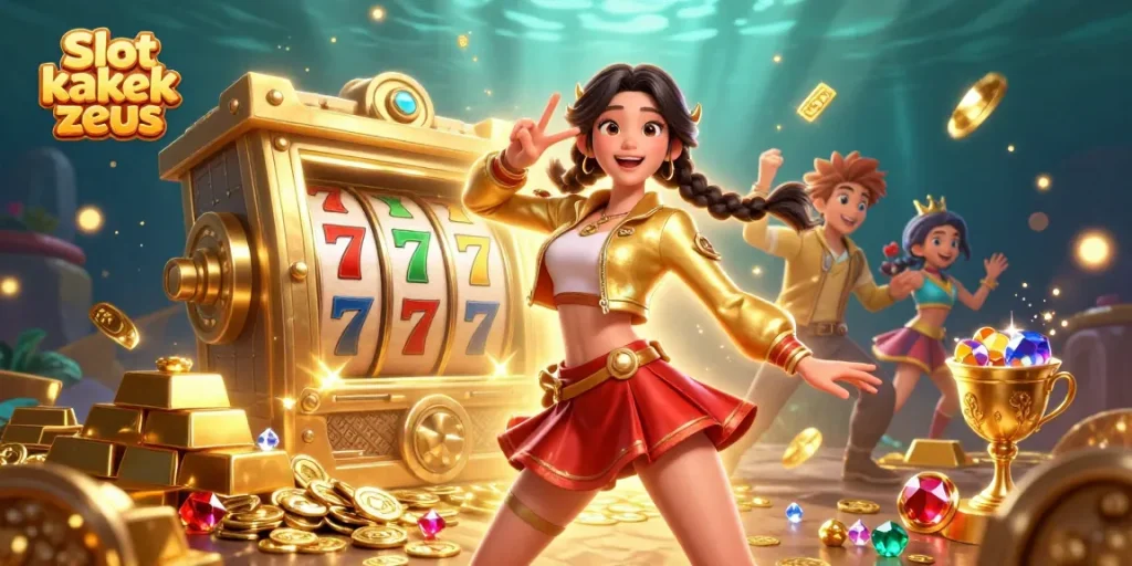 Play and win big with Slot kakek zeus, featuring thrilling slot reels and vibrant characters in action.